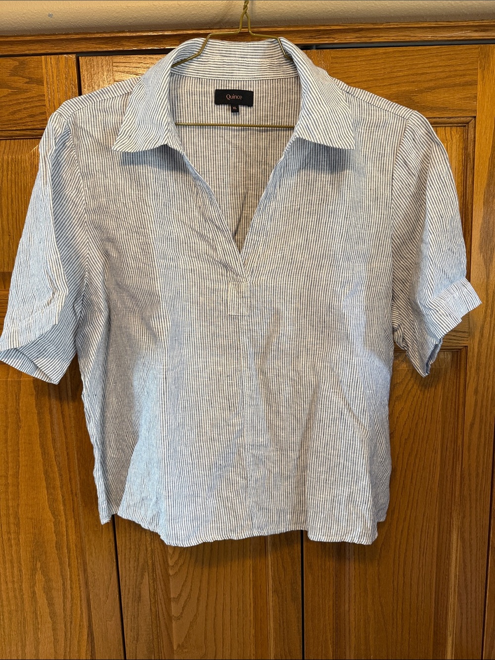 Quince 100% Linen Blue and White Pinstripe Popover Top- XL